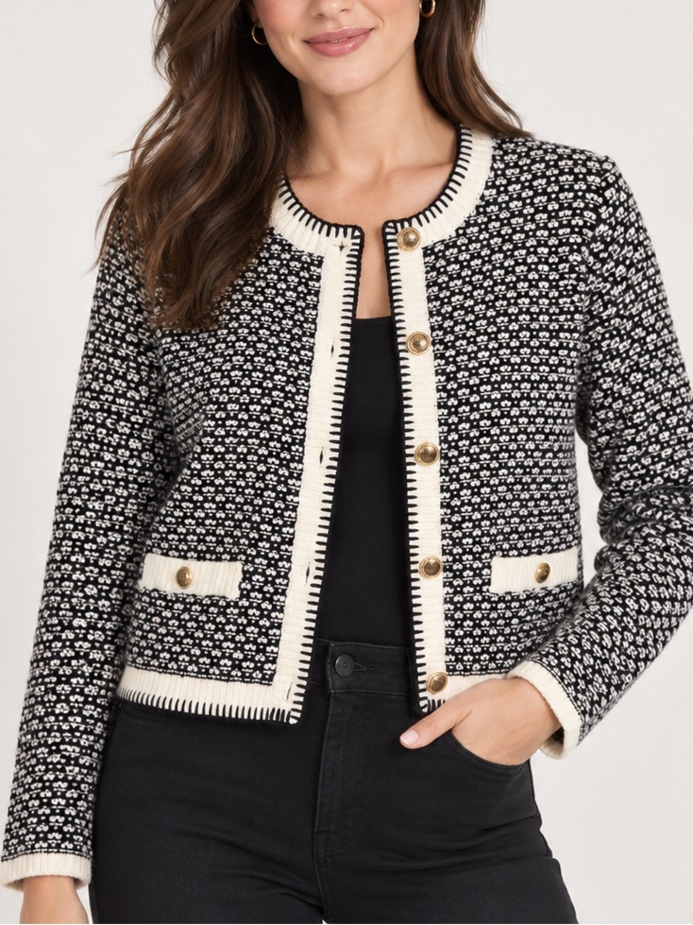 LOFT Black White Tweed Knit Lady Jacket Cardigan Gold Buttons XL